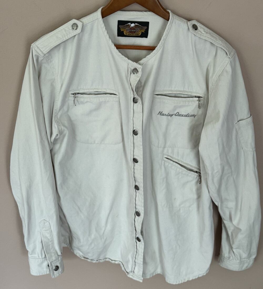 Harley Davidson Women’s XL Cream Denim Snap Button Long Sleeve Shirt